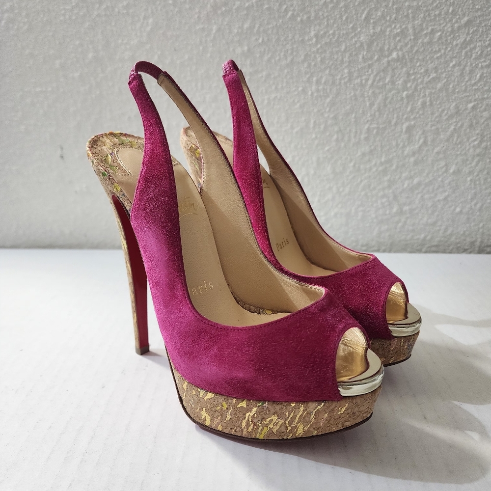 Christian Louboutin Lady Peep Sling 150 Fuchsia Pink Suede Platform Heels 35.5